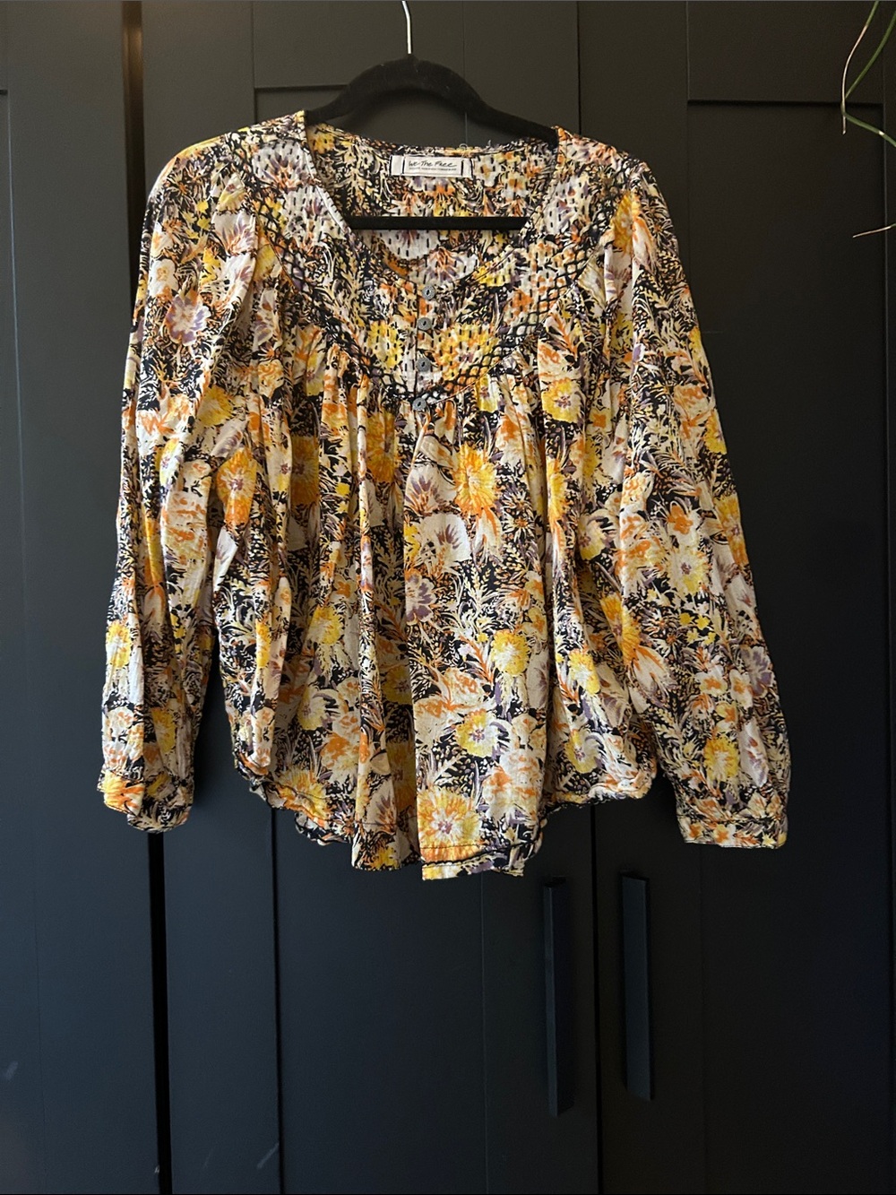 Free People Yellow and Black Floral Smocked Peasant Blouse